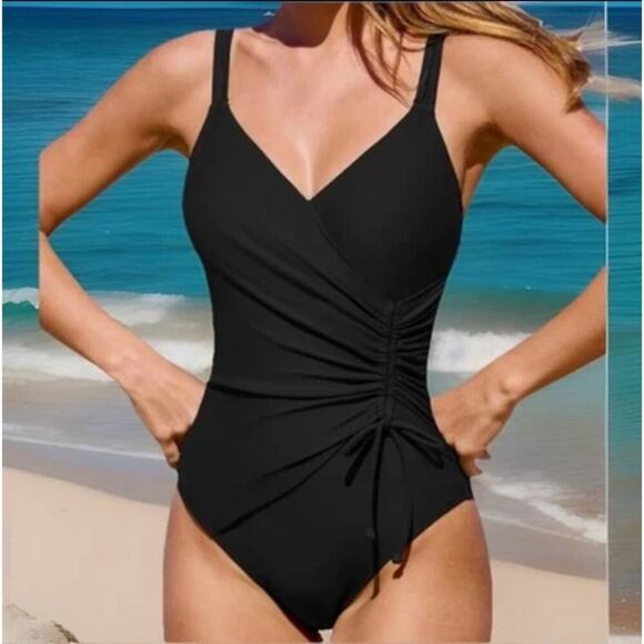 Cupshe Women’s Black One-Piece Swimsuit Small V-Neck Ruched Tummy Control - Picture 2 of 9